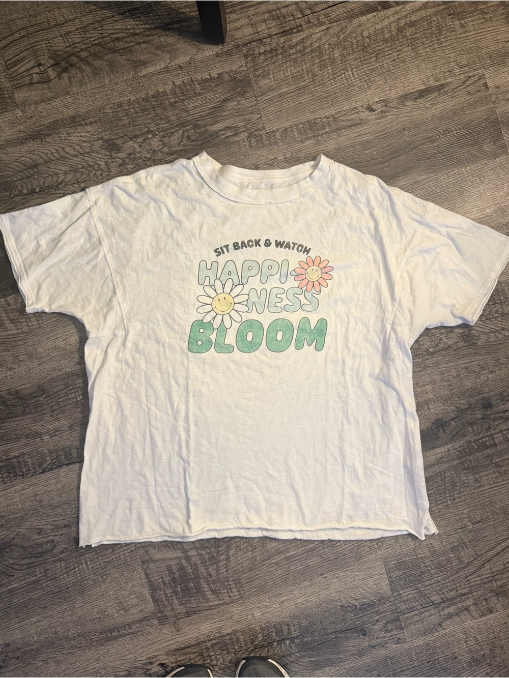 Aerie White Short Sleeve Tee w/Distressed Pastel 'Happiness Bloom' Graphic